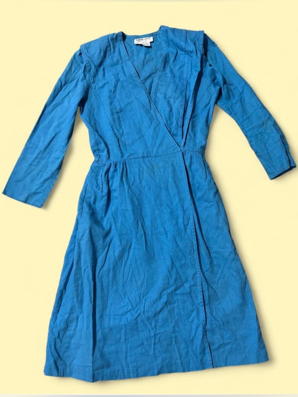 Vintage “Pierre Cardin Career” blue linen cotton blend wrap midi dress.